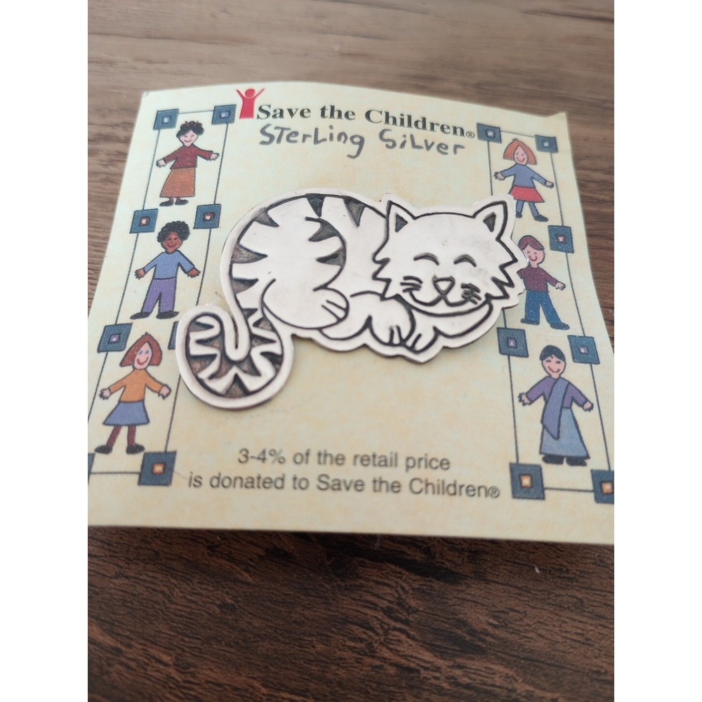 VTG EFS Mexico 925 Sterling Silver Save The Children CUTE CAT Pin New on Card